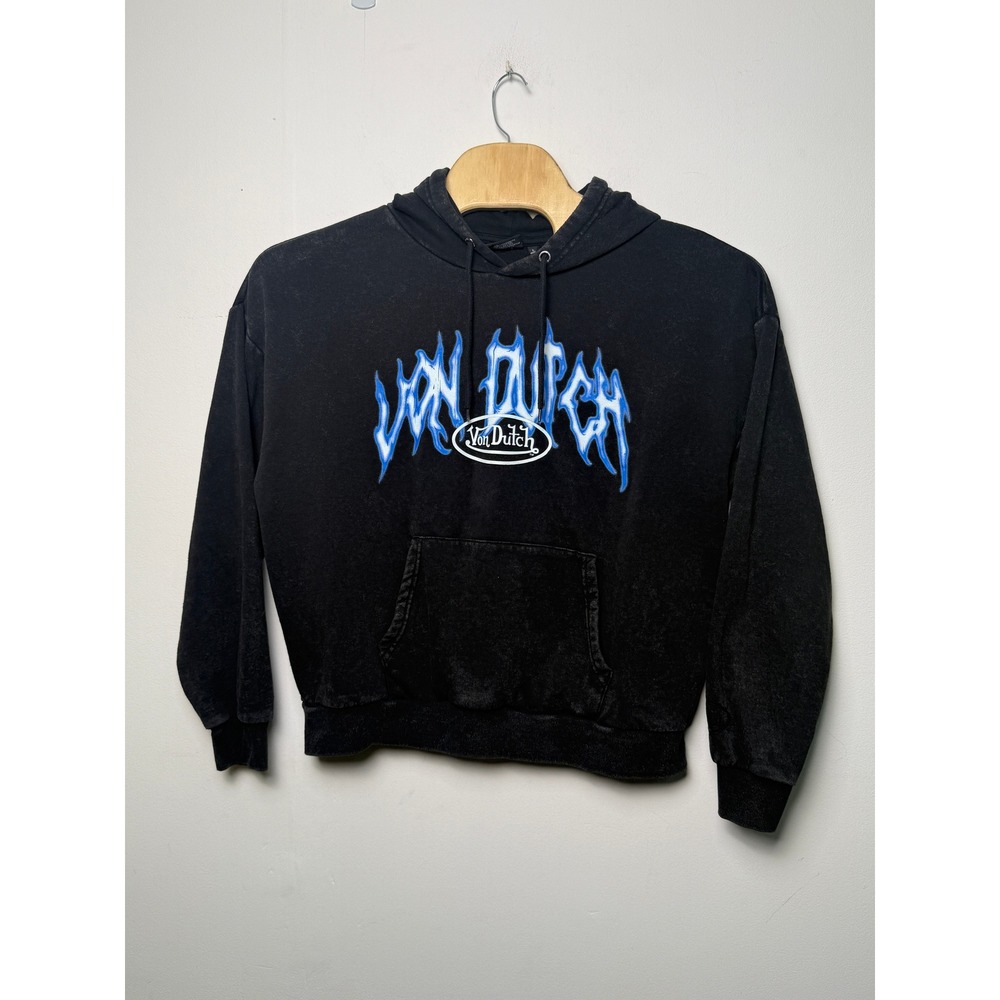 Von Dutch Mens Black Blue Flame Graphic Acid Wash Hoodie Large L